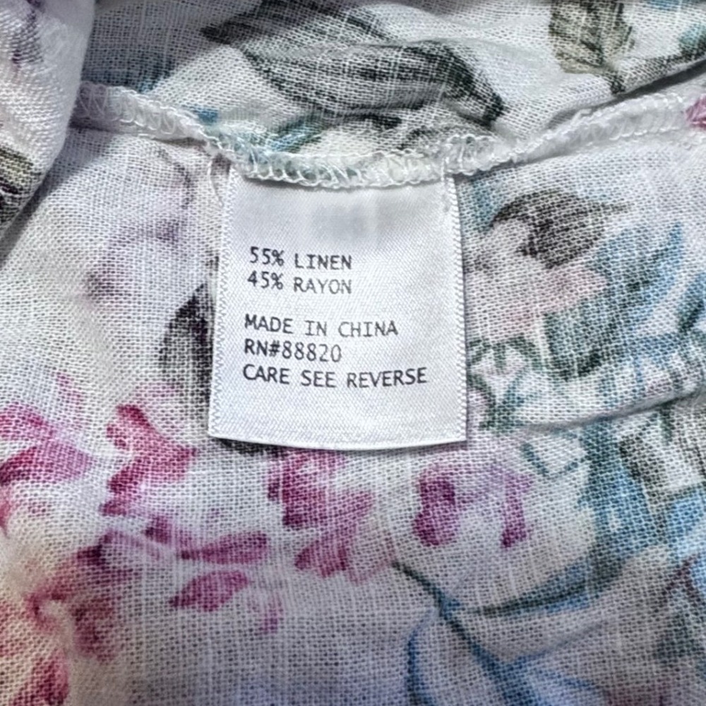 Saint Tropez West Floral Linen Blend Babydoll Top 1X Pink White Roll Tab Sleeve‎ - Picture 13 of 14